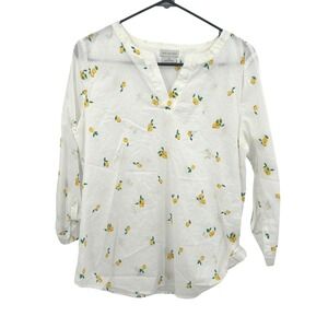 Lemon Print Cotton Blouse M White Yellow Novelty Fruit Casual Resort Top